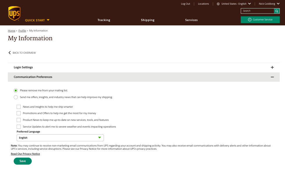 UPS billing notifications greensquare