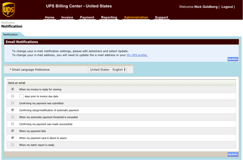 A second way to turn off UPS billing notifications is within the Notifications section of Online Billing