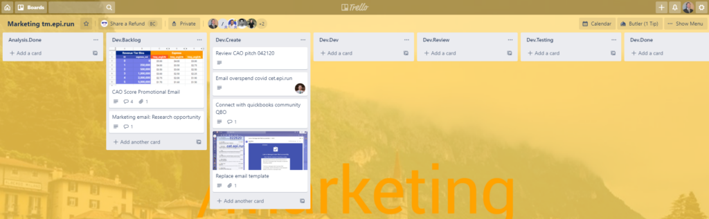 Trello marketing board