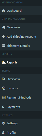 Main dashboard left sidebar