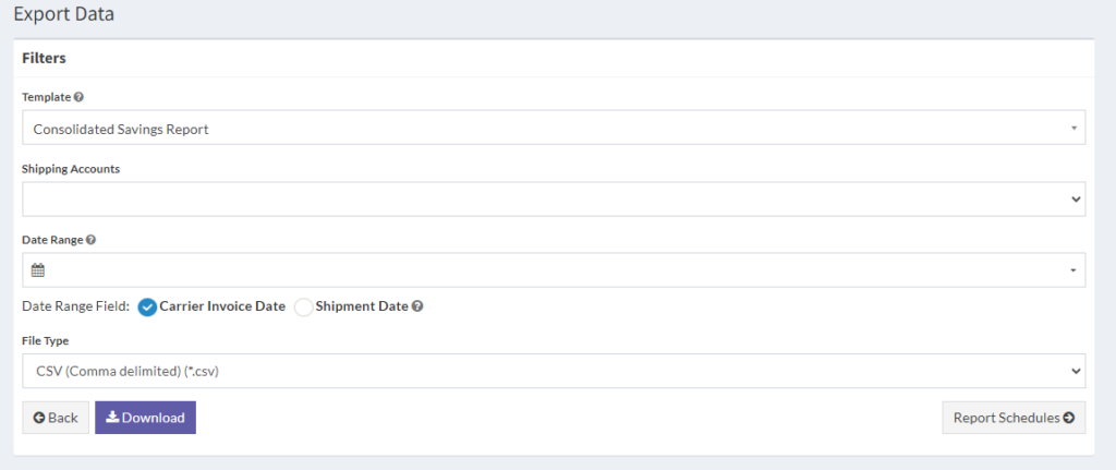 Consolidated savings report export data view